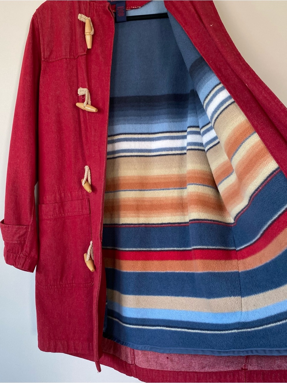 Denim&Co VTG Wood Toggle Parka Duffle Fleece Lined Midi Red Coat Size M